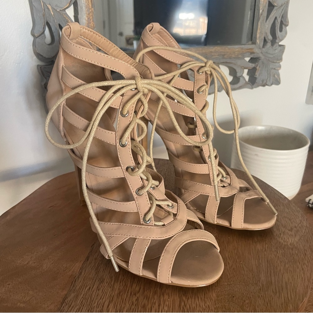 Beige Tie Up Heels